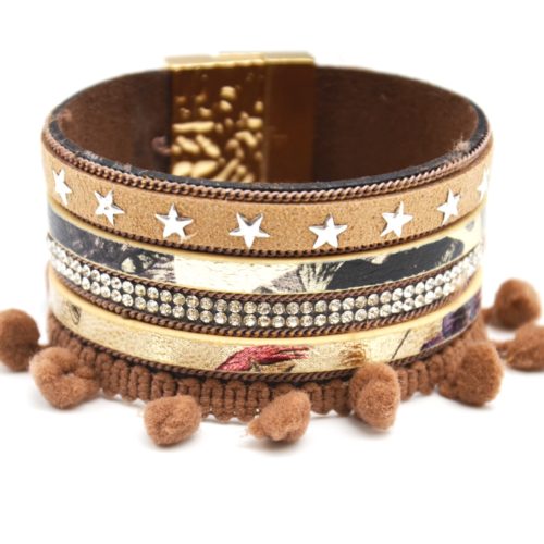 Bracelet-Manchette-Multi-Rangs-Feutrine-Etoiles-Strass-avec-Pompons-Boule-Taupe