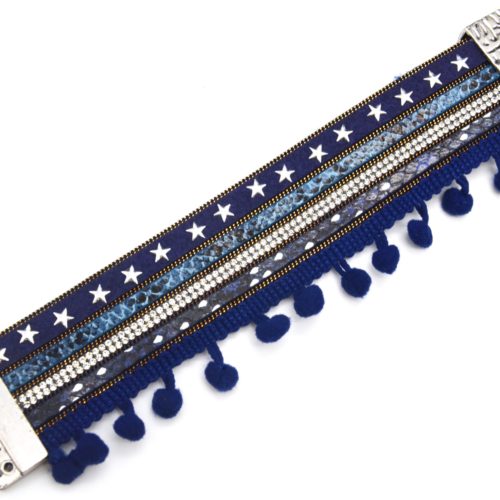 Bracelet-Manchette-Multi-Rangs-Feutrine-Etoiles-Strass-avec-Pompons-Boule-Bleu-Marine