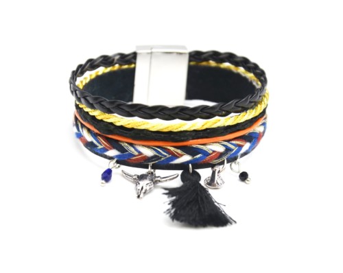 Bracelet-Manchette-Multi-Rangs-Cordons-Tresses-Fils-Multicolore-avec-Buffle-et-Pompon-Noir