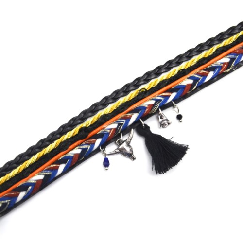 Bracelet-Manchette-Multi-Rangs-Cordons-Tresses-Fils-Multicolore-avec-Buffle-et-Pompon-Noir