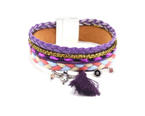 Bracelet-Manchette-Multi-Rangs-Cordons-Tresses-Fils-Multicolore-avec-Buffle-et-Pompon-Violet