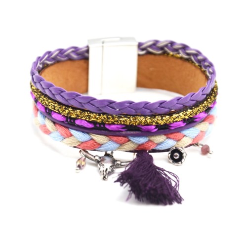 Bracelet-Manchette-Multi-Rangs-Cordons-Tresses-Fils-Multicolore-avec-Buffle-et-Pompon-Violet