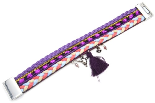 Bracelet-Manchette-Multi-Rangs-Cordons-Tresses-Fils-Multicolore-avec-Buffle-et-Pompon-Violet