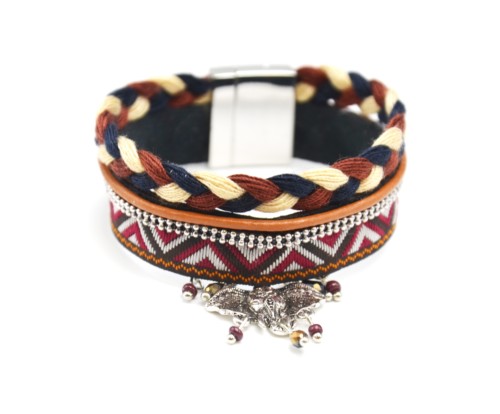 Bracelet-Manchette-Multi-Rangs-Cordons-Tresses-Fils-Multicolore-et-Ruban-Ethnique-avec-Charm-Elephant