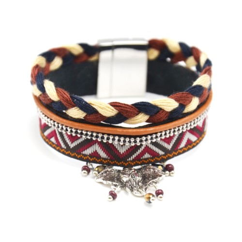 Bracelet-Manchette-Multi-Rangs-Cordons-Tresses-Fils-Multicolore-et-Ruban-Ethnique-avec-Charm-Elephant