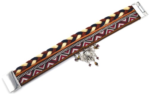 Bracelet-Manchette-Multi-Rangs-Cordons-Tresses-Fils-Multicolore-et-Ruban-Ethnique-avec-Charm-Elephant