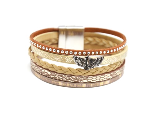 Bracelet-Manchette-Multi-Rangs-Ecailles-Clous-Cordon-Tresse-Beige-avec-Charm-Aigle