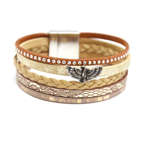 Bracelet-Manchette-Multi-Rangs-Ecailles-Clous-Cordon-Tresse-Beige-avec-Charm-Aigle