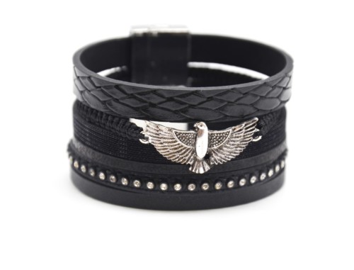 Bracelet-Manchette-Multi-Rangs-Simili-Cuir-Ecailles-Strass-Chaines-Noir-avec-Charm-Aigle