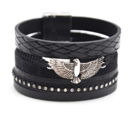 Bracelet-Manchette-Multi-Rangs-Simili-Cuir-Ecailles-Strass-Chaines-Noir-avec-Charm-Aigle