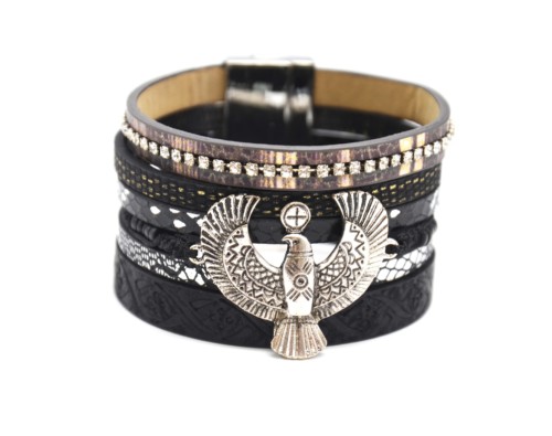 Bracelet-Manchette-Multi-Rangs-Ecailles-Satine-Strass-Motif-Paisley-Noir-avec-Charm-Aigle