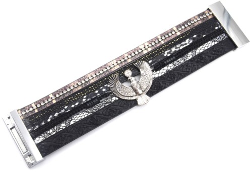 Bracelet-Manchette-Multi-Rangs-Ecailles-Satine-Strass-Motif-Paisley-Noir-avec-Charm-Aigle