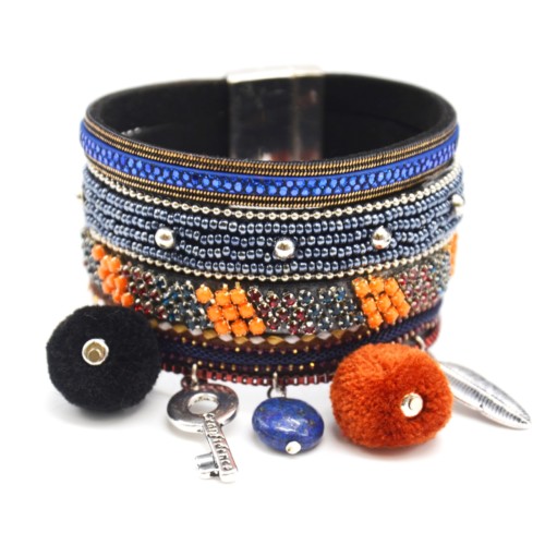 Bracelet-Manchette-Multi-Rangs-Ecailles-Satine-Perles-Rocaille-Pierres-Multicolore-avec-Pompons-Boule-et-Charms