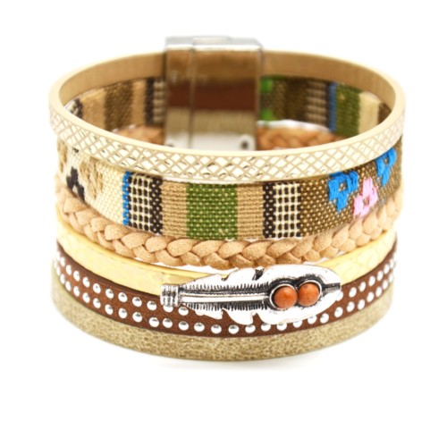 Bracelet-Manchette-Multi-Rangs-Ecailles-Ruban-Brode-Clous-Cordon-Tresse-Beige-avec-Charm-Plume-Ethnique