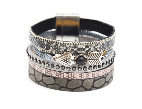 Bracelet-Manchette-Ecailles-Strass-Cordon-Gris-avec-Fleche-Ethnique