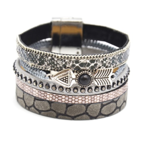 Bracelet-Manchette-Ecailles-Strass-Cordon-Gris-avec-Fleche-Ethnique