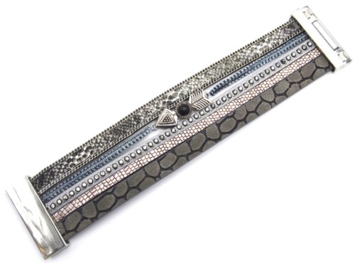 Bracelet-Manchette-Ecailles-Strass-Cordon-Gris-avec-Fleche-Ethnique