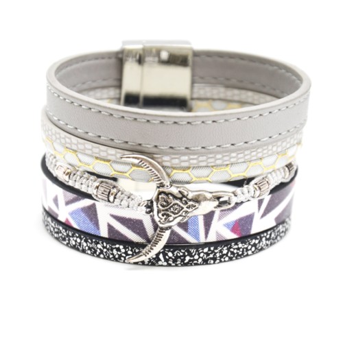 Bracelet-Manchette-Multi-Rangs-Simili-Cuir-Ecailles-Sequins-Cordon-Tresse-Gris-avec-Charm-Buffle