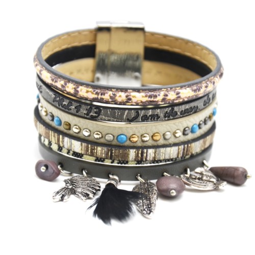 Bracelet-Manchette-Multi-Rangs-Simili-Cuir-Rayures-Clous-Message-Gris-avec-Charms-Ethnique