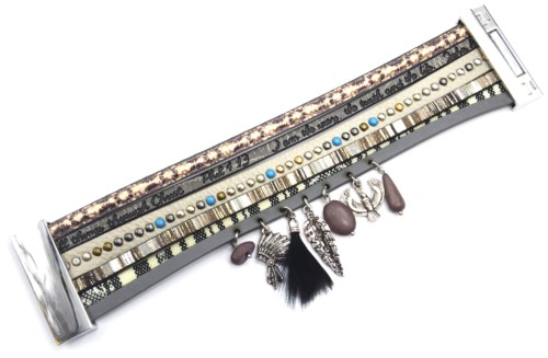 Bracelet-Manchette-Multi-Rangs-Simili-Cuir-Rayures-Clous-Message-Gris-avec-Charms-Ethnique