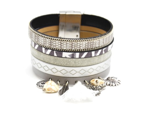 Bracelet-Manchette-Multi-Rangs-Simili-Cuir-Ecailles-Chaine-Losanges-Gris-avec-Charms-Ethnique