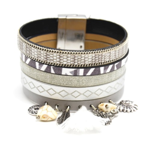 Bracelet-Manchette-Multi-Rangs-Simili-Cuir-Ecailles-Chaine-Losanges-Gris-avec-Charms-Ethnique