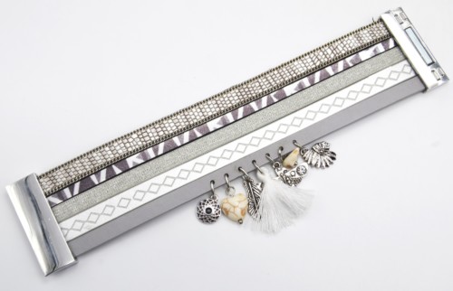 Bracelet-Manchette-Multi-Rangs-Simili-Cuir-Ecailles-Chaine-Losanges-Gris-avec-Charms-Ethnique