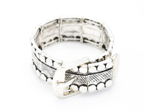 Bracelet-Manchette-Boucle-Style-Ceinture-et-Cercles-Metal-Vieilli-Argente
