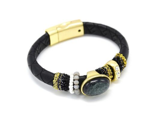 BC486 - Bracelet Aimanté Effet Cuir Pierre Rayée et Bandes Effet Guirlande Noir