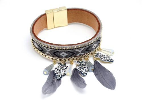 Bracelet-Aimante-Bresilien-avec-Chaine-et-Charms-Chouette-Plumes-Gris