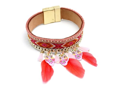 Bracelet-Aimante-Bresilien-avec-Chaine-et-Charms-Chouette-Plumes-Corail