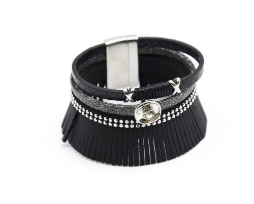 Bracelet-Manchette-Ecailles-Clous-et-Franges-Ethnique-Simili-Cuir-Noir