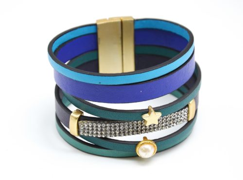 Bracelet-Manchette-Aimante-Multi-Rangs-Cuir-Strass-et-Charm-Etoile-Bleu