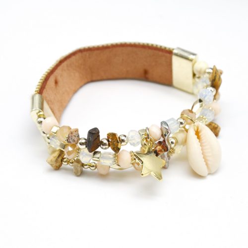 Bracelet-Elastique-Bande-Fils-Tresses-Bresilien-BeigeMarron-et-Perles-avec-Charms