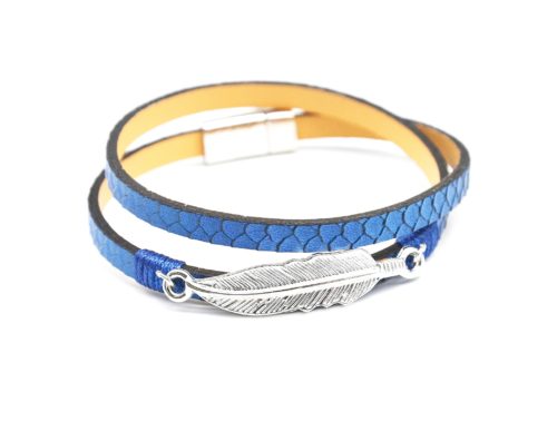 Bracelet-Double-Tour-Motif-Ecailles-Bleu-et-Charm-Plume-Metal-Argente