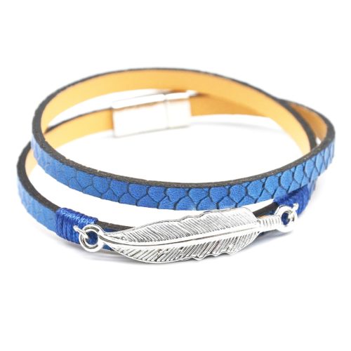 Bracelet-Double-Tour-Motif-Ecailles-Bleu-et-Charm-Plume-Metal-Argente