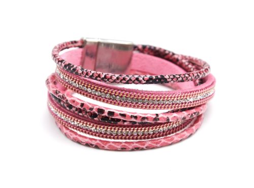 Bracelet-Double-Tour-Motif-Ecailles-Rose-avec-Chaine-et-Strass