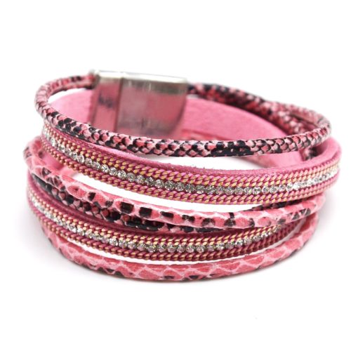 Bracelet-Double-Tour-Motif-Ecailles-Rose-avec-Chaine-et-Strass