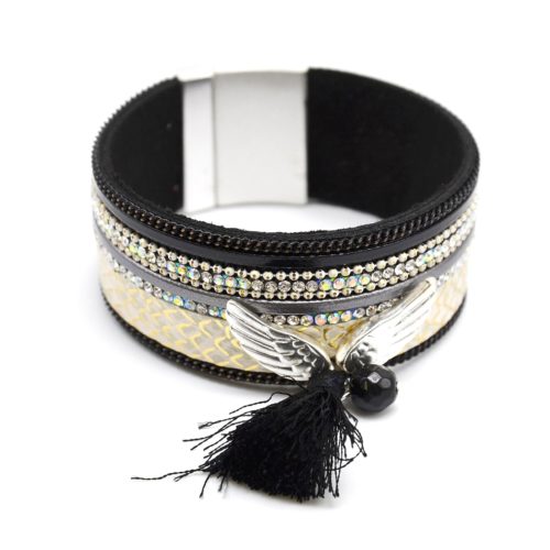 Bracelet-Manchette-Aimante-Ecailles-Strass-avec-Ailes-et-Pompon-Noir