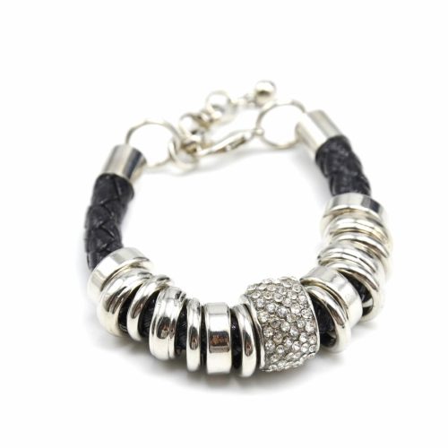 Bracelet-Cordon-Tresse-Noir-et-Multi-Anneaux-Metal-Strass-Argente