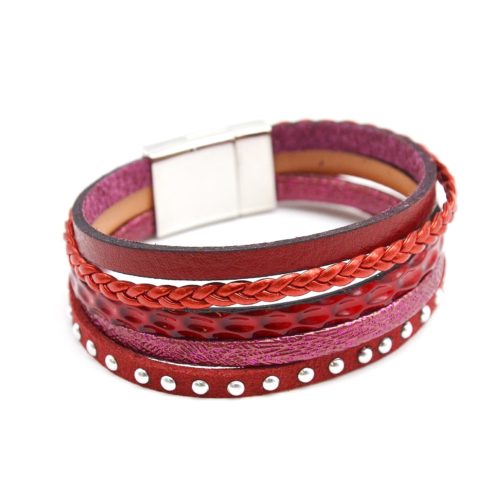 Bracelet-Manchette-Multi-Rangs-Cuir-Tresse-Ecailles-et-Clous-Bordeaux