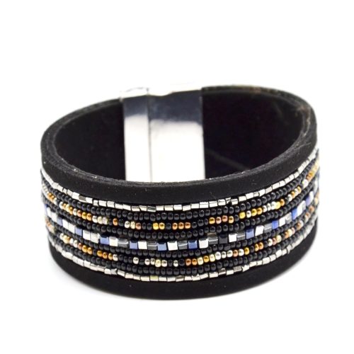 Bracelet-Manchette-Feutrine-avec-Multi-Rangs-Perles-Rocaille-Noir