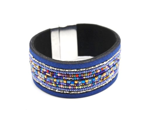 Bracelet-Manchette-Feutrine-avec-Multi-Rangs-Perles-Rocaille-Bleu-Marine