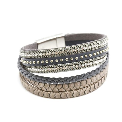 Bracelet-Manchette-Multi-Rangs-Cuir-Ecailles-Tresse-Clous-et-Strass-Gris