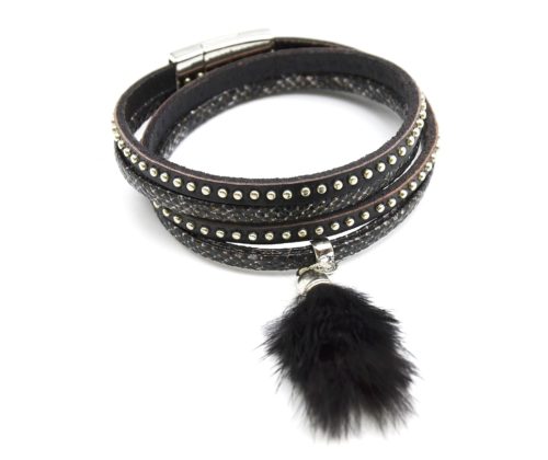 Bracelet-Double-Tour-Simili-Cuir-Ecailles-et-Clous-avec-Pompon-Noir