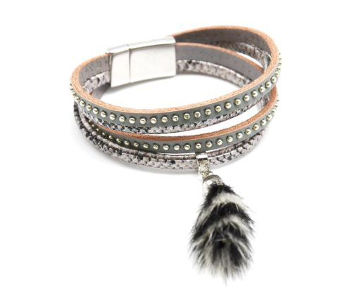 Bracelet-Double-Tour-Simili-Cuir-Ecailles-et-Clous-avec-Pompon-Gris