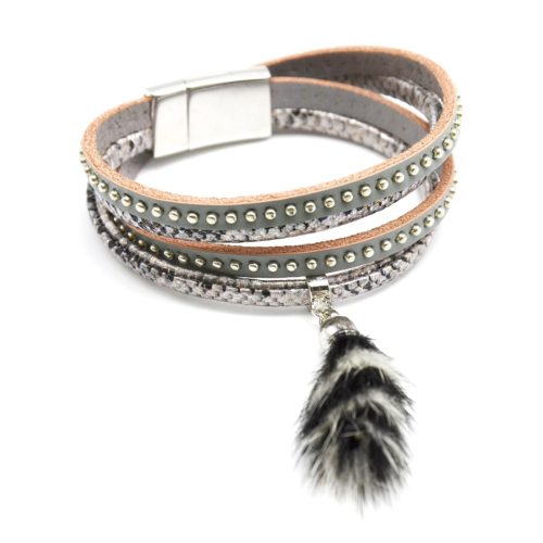 Bracelet-Double-Tour-Simili-Cuir-Ecailles-et-Clous-avec-Pompon-Gris