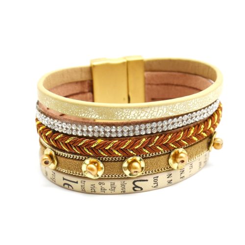 Bracelet-Manchette-Multi-Rangs-Cuir-Journal-Tresse-Strass-et-Perles-Beige