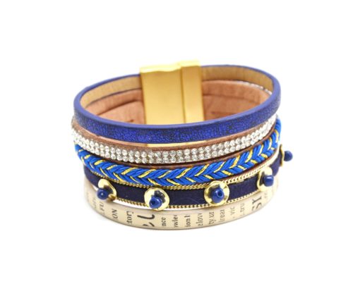 Bracelet-Manchette-Multi-Rangs-Cuir-Journal-Tresse-Strass-et-Perles-Bleu