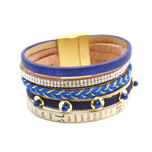 Bracelet-Manchette-Multi-Rangs-Cuir-Journal-Tresse-Strass-et-Perles-Bleu